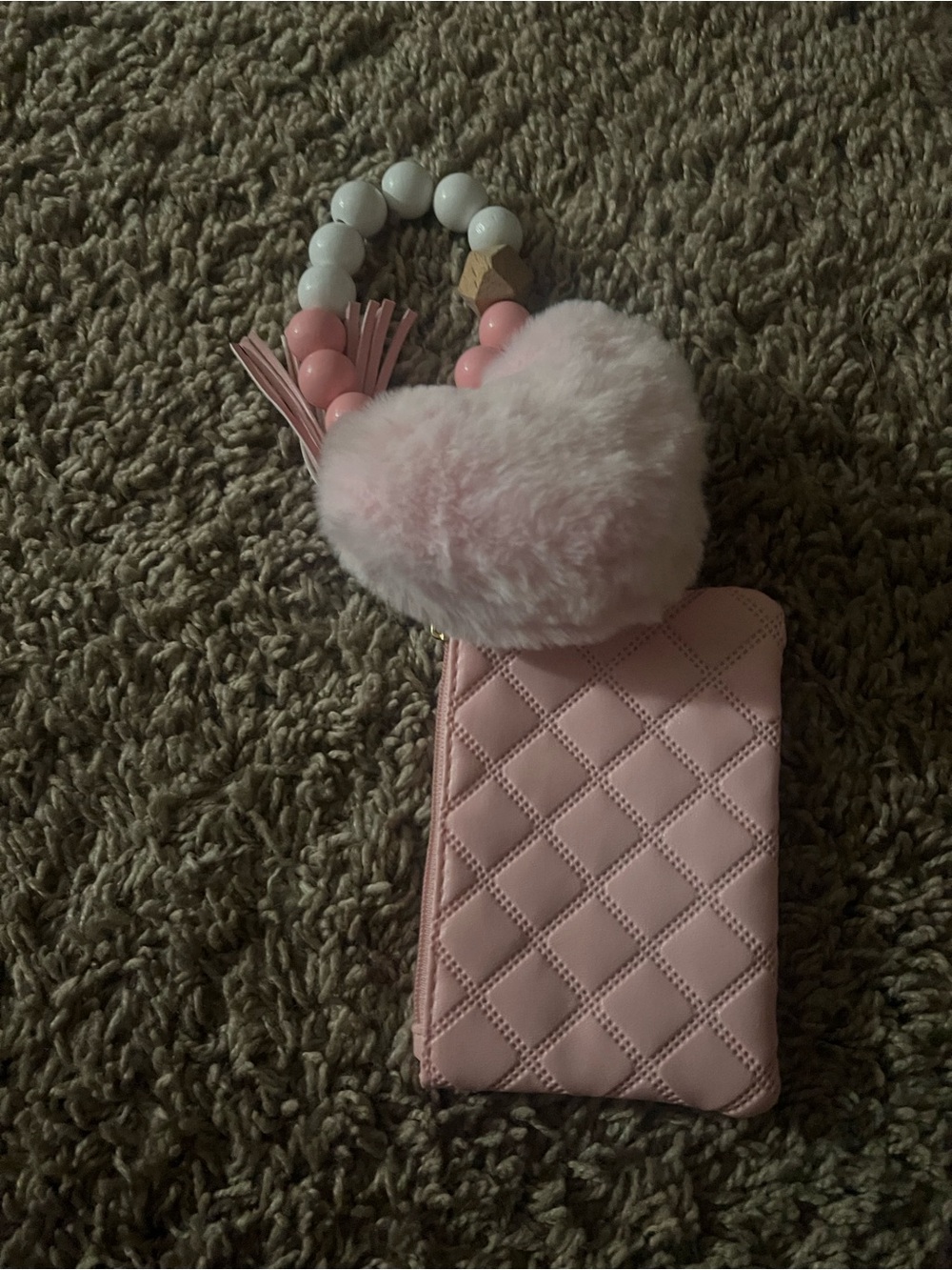 Pink Quilted Wristlet Phone Case with Plush Heart Charm